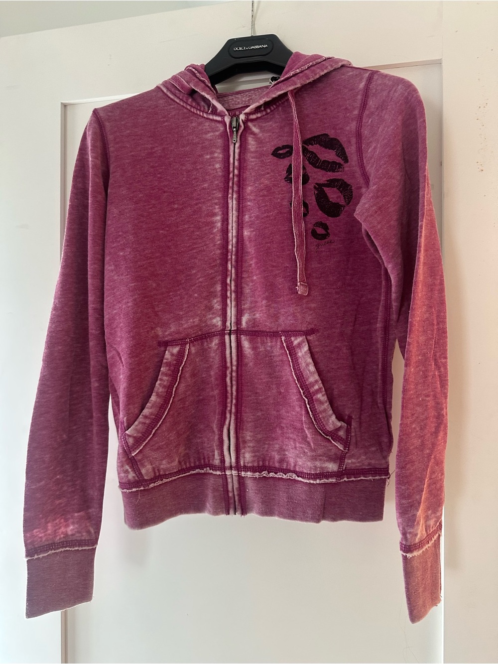 Guess Girls' Plum Zip Hoodie with Black Lip Print